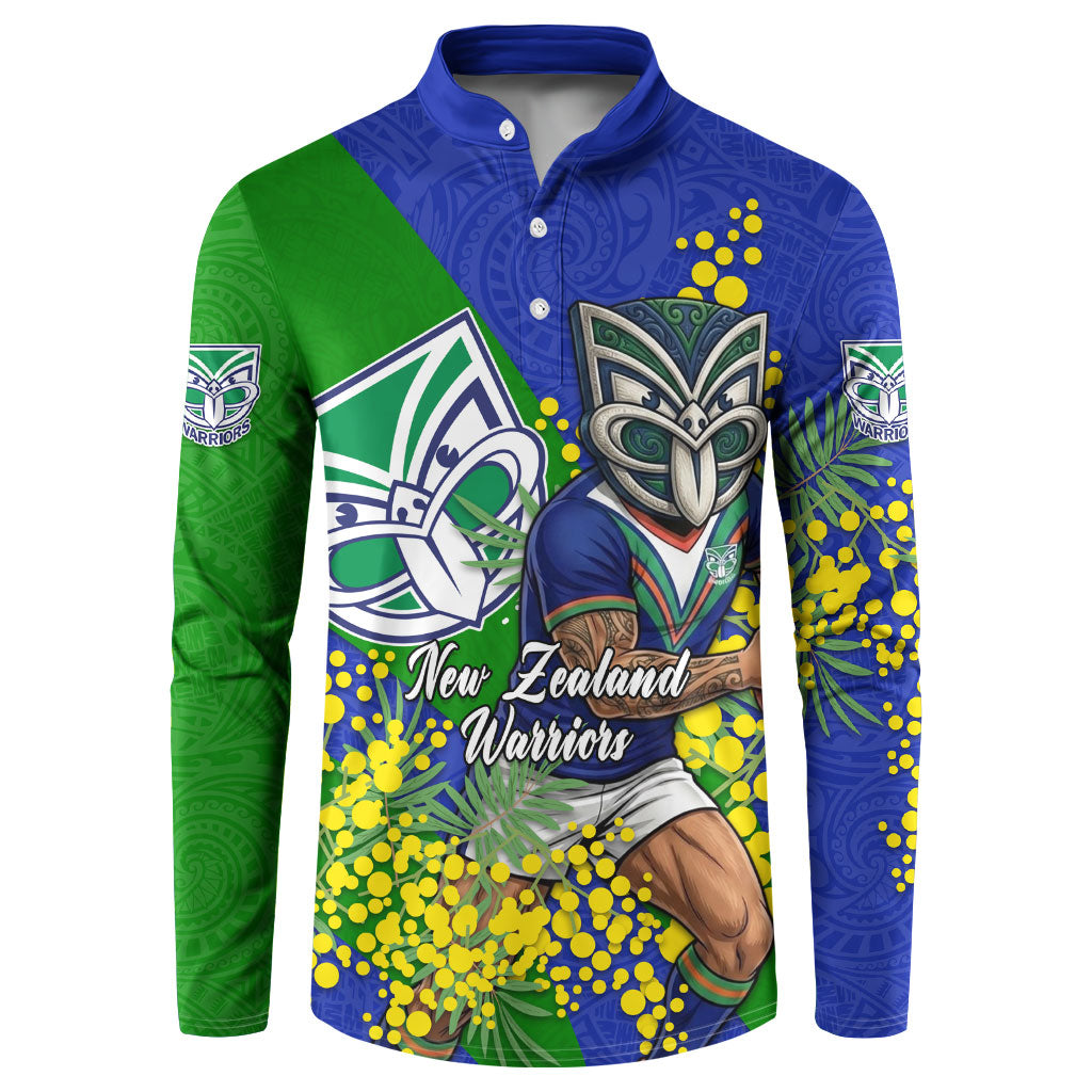New Zealand Warriors Button Sweatshirt Golden Wattle Floral Polynesian - Australian Flower - Rugby Mascot