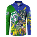 New Zealand Warriors Button Sweatshirt Golden Wattle Floral Polynesian - Australian Flower - Rugby Mascot