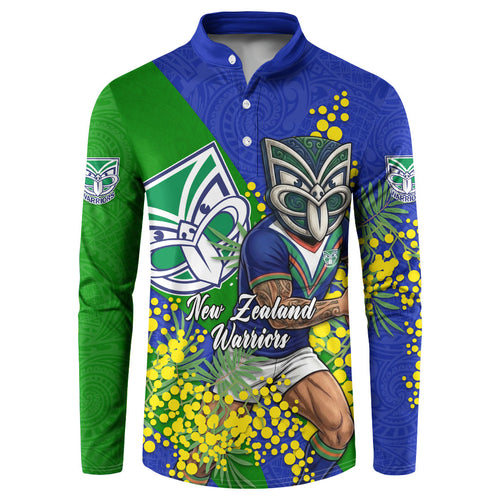 New Zealand Warriors Button Sweatshirt Golden Wattle Floral Polynesian - Australian Flower - Rugby Mascot