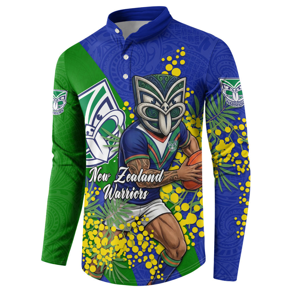 New Zealand Warriors Button Sweatshirt Golden Wattle Floral Polynesian - Australian Flower - Rugby Mascot