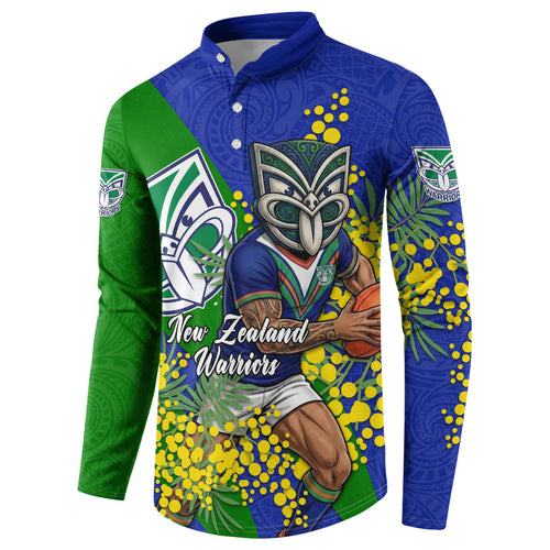 New Zealand Warriors Button Sweatshirt Golden Wattle Floral Polynesian - Australian Flower - Rugby Mascot