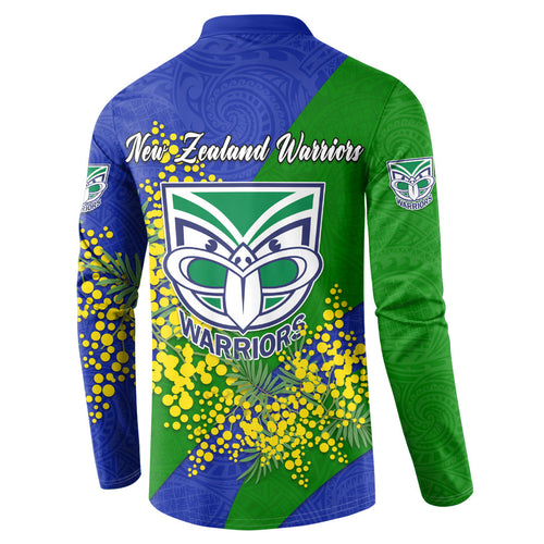 New Zealand Warriors Button Sweatshirt Golden Wattle Floral Polynesian - Australian Flower - Rugby Mascot