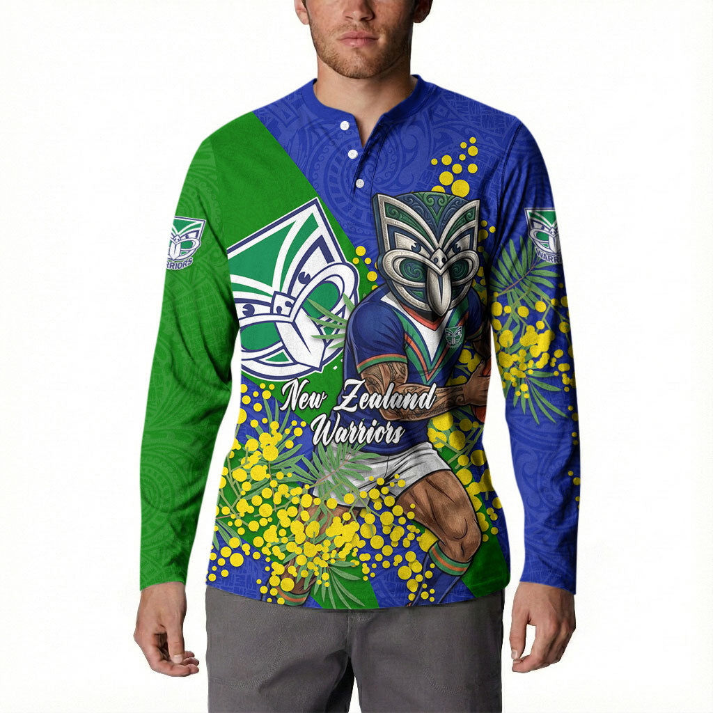 New Zealand Warriors Button Sweatshirt Golden Wattle Floral Polynesian - Australian Flower - Rugby Mascot