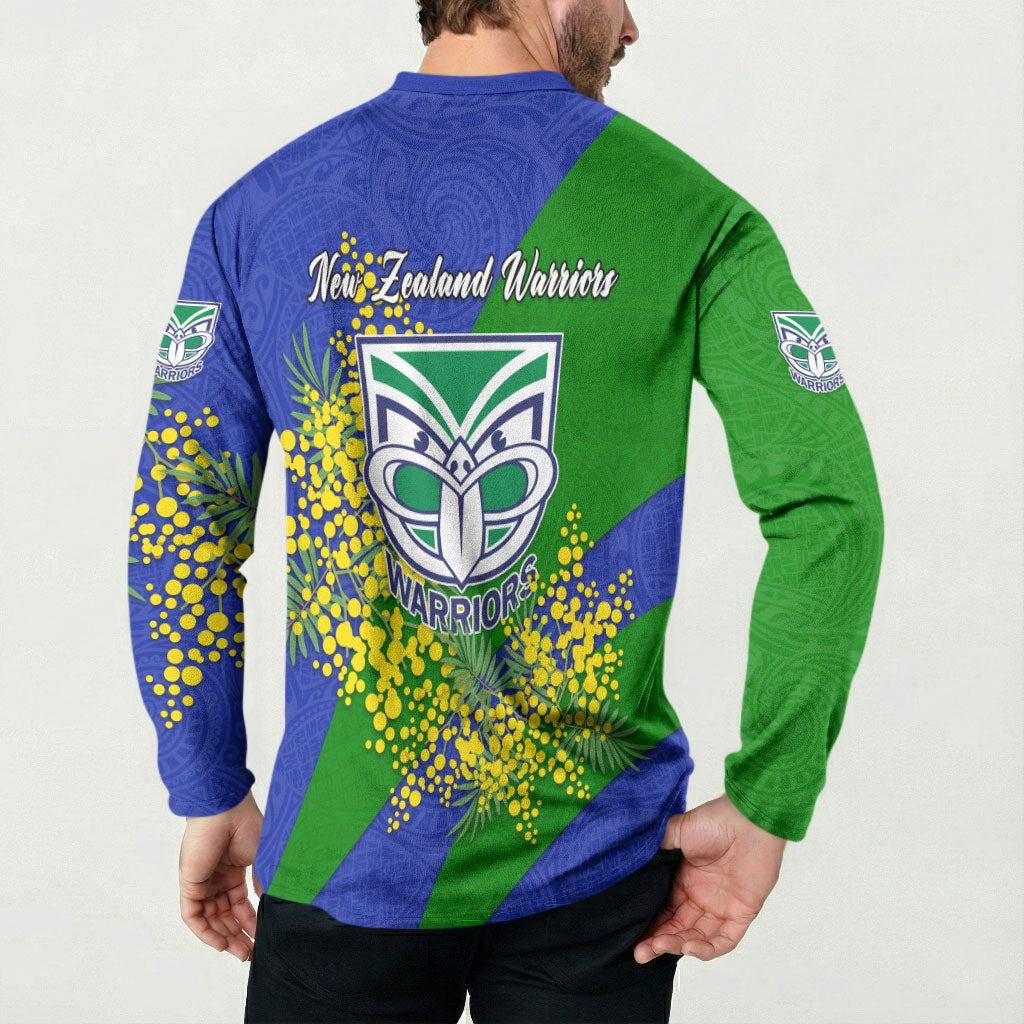 New Zealand Warriors Button Sweatshirt Golden Wattle Floral Polynesian - Australian Flower - Rugby Mascot