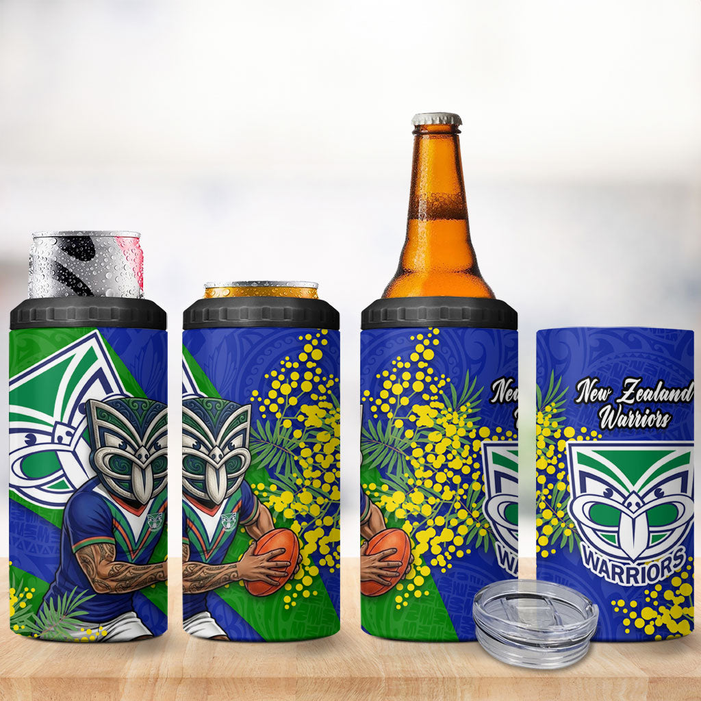 New Zealand Warriors 4 in 1 Can Cooler Tumbler Golden Wattle Floral Polynesian - Australian Flower - Rugby Mascot