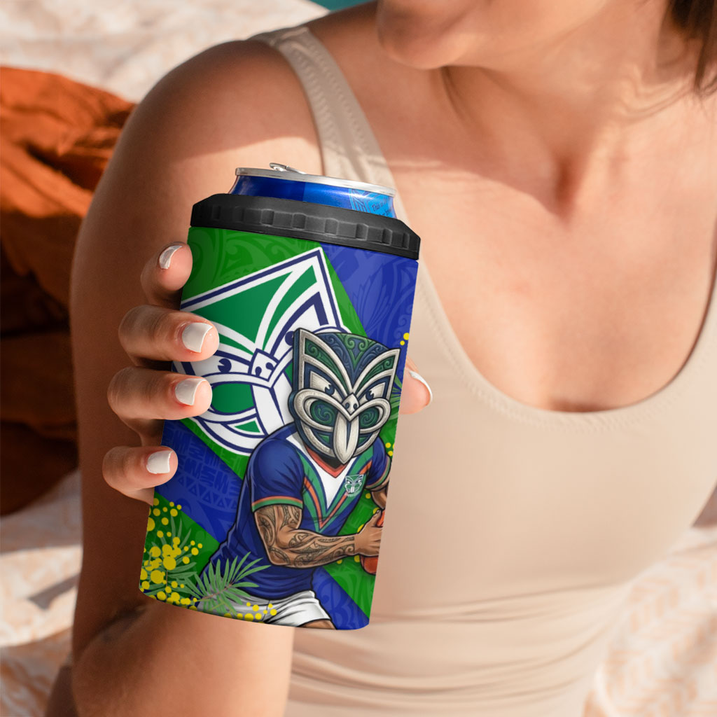 New Zealand Warriors 4 in 1 Can Cooler Tumbler Golden Wattle Floral Polynesian - Australian Flower - Rugby Mascot