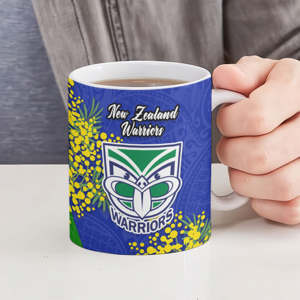 New Zealand Warriors Ceramic Mug Golden Wattle Floral Polynesian - Australian Flower - Rugby Mascot