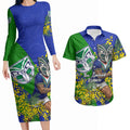 New Zealand Warriors Couples Matching Long Sleeve Bodycon Dress and Hawaiian Shirt Golden Wattle Floral Polynesian - Australian Flower - Rugby Mascot