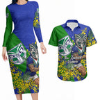 New Zealand Warriors Couples Matching Long Sleeve Bodycon Dress and Hawaiian Shirt Golden Wattle Floral Polynesian - Australian Flower - Rugby Mascot