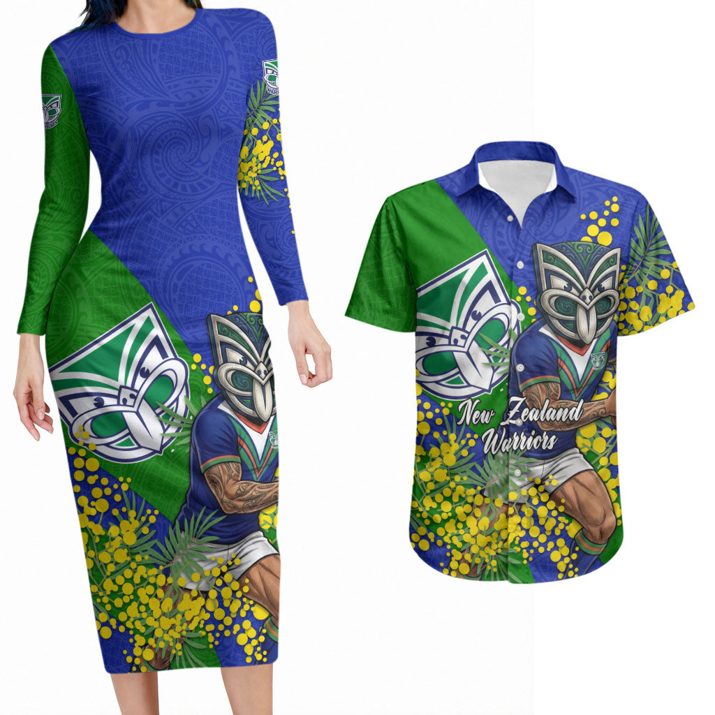 New Zealand Warriors Couples Matching Long Sleeve Bodycon Dress and Hawaiian Shirt Golden Wattle Floral Polynesian - Australian Flower - Rugby Mascot