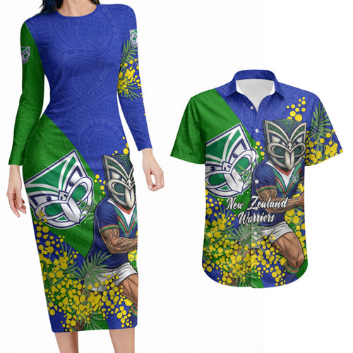 New Zealand Warriors Couples Matching Long Sleeve Bodycon Dress and Hawaiian Shirt Golden Wattle Floral Polynesian - Australian Flower - Rugby Mascot