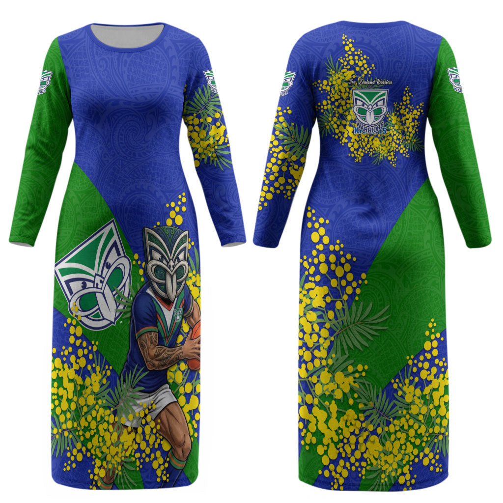 New Zealand Warriors Couples Matching Long Sleeve Bodycon Dress and Hawaiian Shirt Golden Wattle Floral Polynesian - Australian Flower - Rugby Mascot
