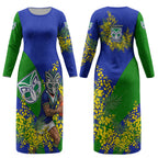 New Zealand Warriors Couples Matching Long Sleeve Bodycon Dress and Hawaiian Shirt Golden Wattle Floral Polynesian - Australian Flower - Rugby Mascot