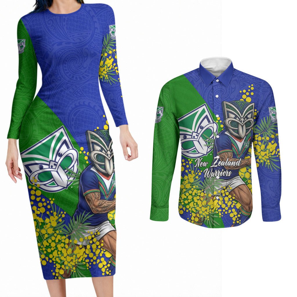 New Zealand Warriors Couples Matching Long Sleeve Bodycon Dress and Long Sleeve Button Shirt Golden Wattle Floral Polynesian - Australian Flower - Rugby Mascot