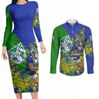 New Zealand Warriors Couples Matching Long Sleeve Bodycon Dress and Long Sleeve Button Shirt Golden Wattle Floral Polynesian - Australian Flower - Rugby Mascot