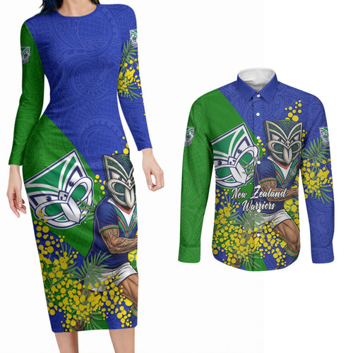 New Zealand Warriors Couples Matching Long Sleeve Bodycon Dress and Long Sleeve Button Shirt Golden Wattle Floral Polynesian - Australian Flower - Rugby Mascot