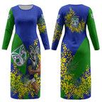 New Zealand Warriors Couples Matching Long Sleeve Bodycon Dress and Long Sleeve Button Shirt Golden Wattle Floral Polynesian - Australian Flower - Rugby Mascot