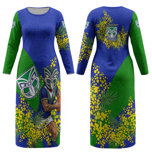 New Zealand Warriors Couples Matching Long Sleeve Bodycon Dress and Long Sleeve Button Shirt Golden Wattle Floral Polynesian - Australian Flower - Rugby Mascot
