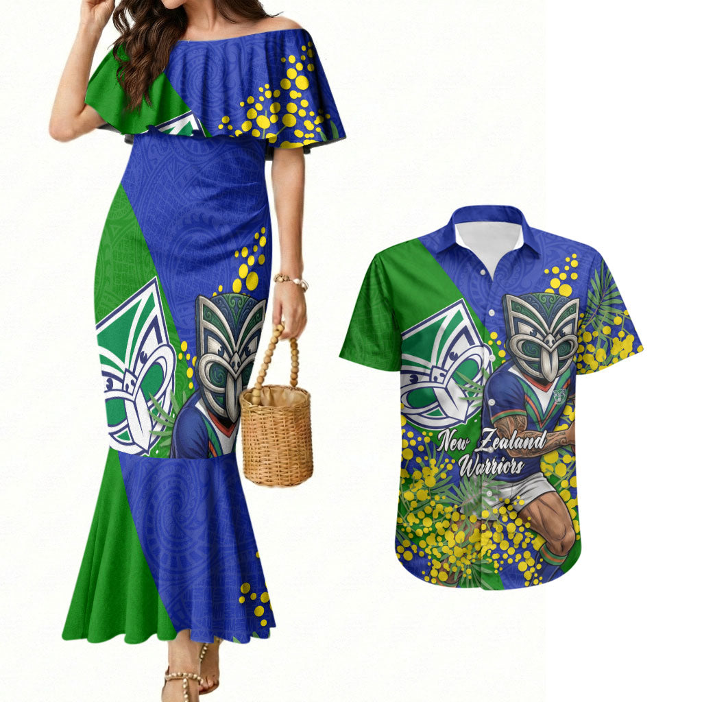 New Zealand Warriors Couples Matching Mermaid Dress and Hawaiian Shirt Golden Wattle Floral Polynesian - Australian Flower - Rugby Mascot