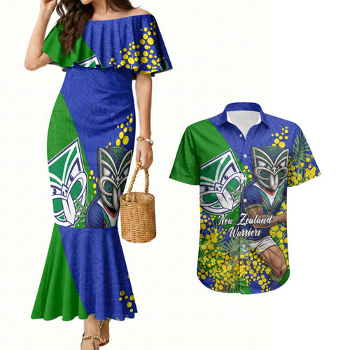 New Zealand Warriors Couples Matching Mermaid Dress and Hawaiian Shirt Golden Wattle Floral Polynesian - Australian Flower - Rugby Mascot