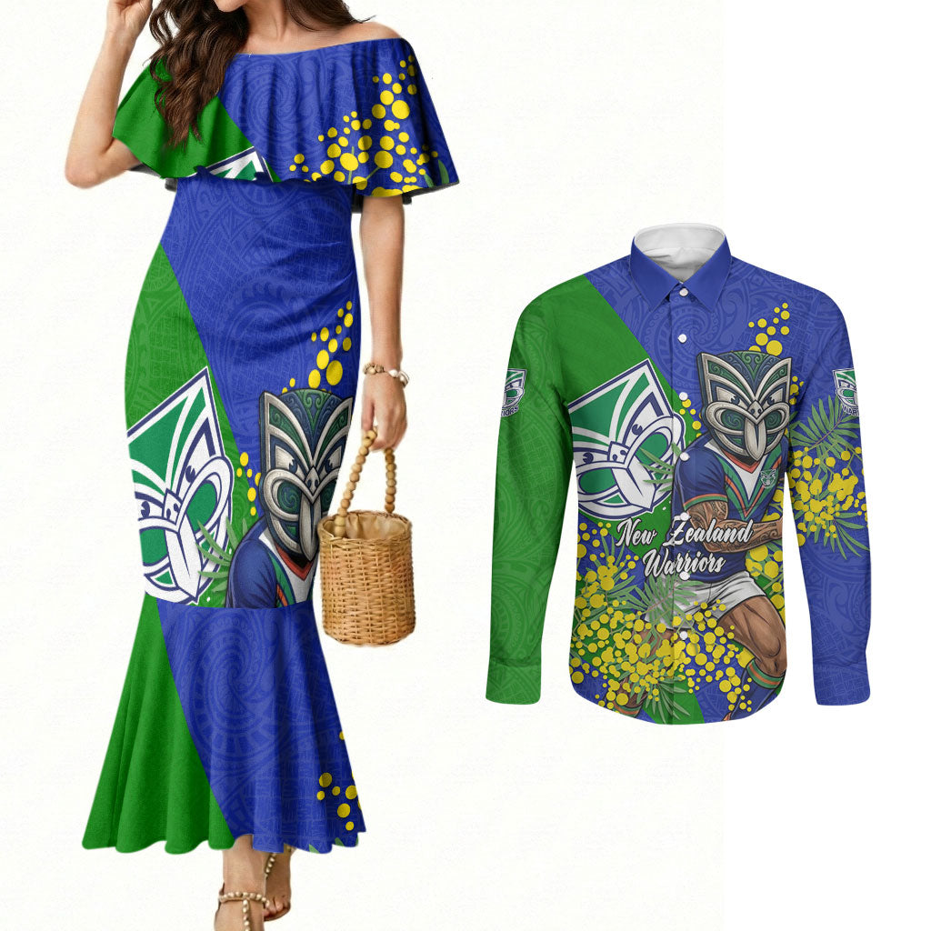 New Zealand Warriors Couples Matching Mermaid Dress and Long Sleeve Button Shirt Golden Wattle Floral Polynesian - Australian Flower - Rugby Mascot