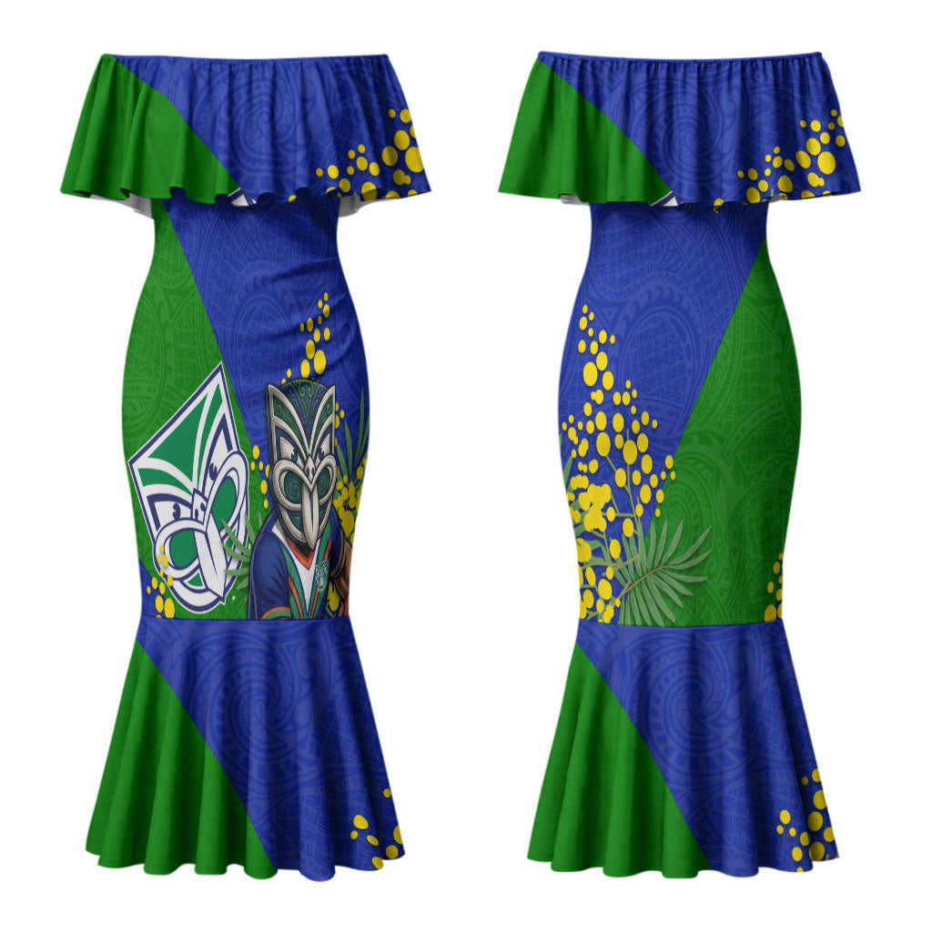 New Zealand Warriors Couples Matching Mermaid Dress and Long Sleeve Button Shirt Golden Wattle Floral Polynesian - Australian Flower - Rugby Mascot