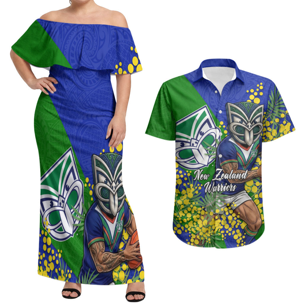 New Zealand Warriors Couples Matching Off Shoulder Maxi Dress and Hawaiian Shirt Golden Wattle Floral Polynesian - Australian Flower - Rugby Mascot