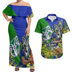 New Zealand Warriors Couples Matching Off Shoulder Maxi Dress and Hawaiian Shirt Golden Wattle Floral Polynesian - Australian Flower - Rugby Mascot