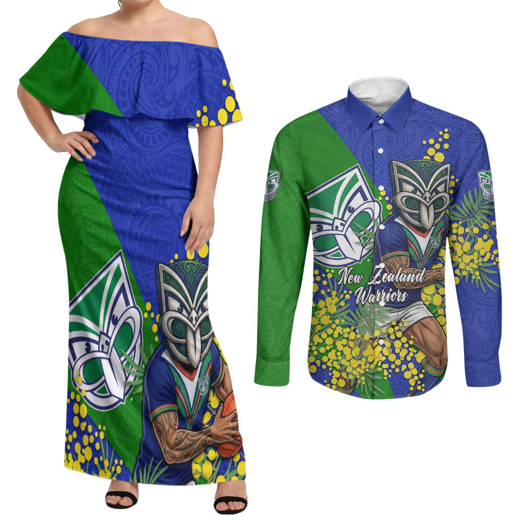 New Zealand Warriors Couples Matching Off Shoulder Maxi Dress and Long Sleeve Button Shirt Golden Wattle Floral Polynesian - Australian Flower - Rugby Mascot