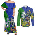 New Zealand Warriors Couples Matching Off Shoulder Maxi Dress and Long Sleeve Button Shirt Golden Wattle Floral Polynesian - Australian Flower - Rugby Mascot