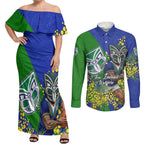 New Zealand Warriors Couples Matching Off Shoulder Maxi Dress and Long Sleeve Button Shirt Golden Wattle Floral Polynesian - Australian Flower - Rugby Mascot