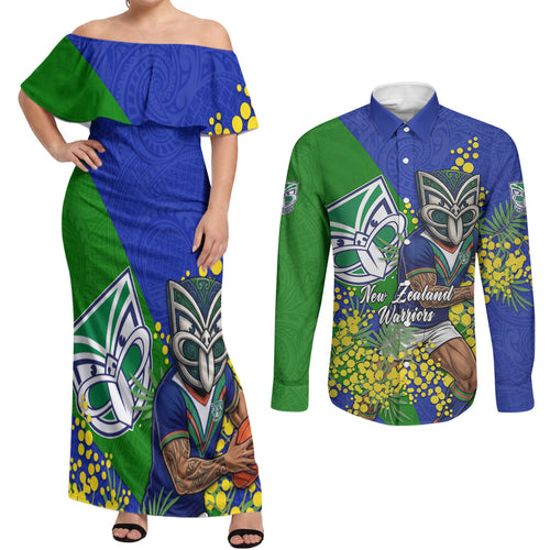 New Zealand Warriors Couples Matching Off Shoulder Maxi Dress and Long Sleeve Button Shirt Golden Wattle Floral Polynesian - Australian Flower - Rugby Mascot