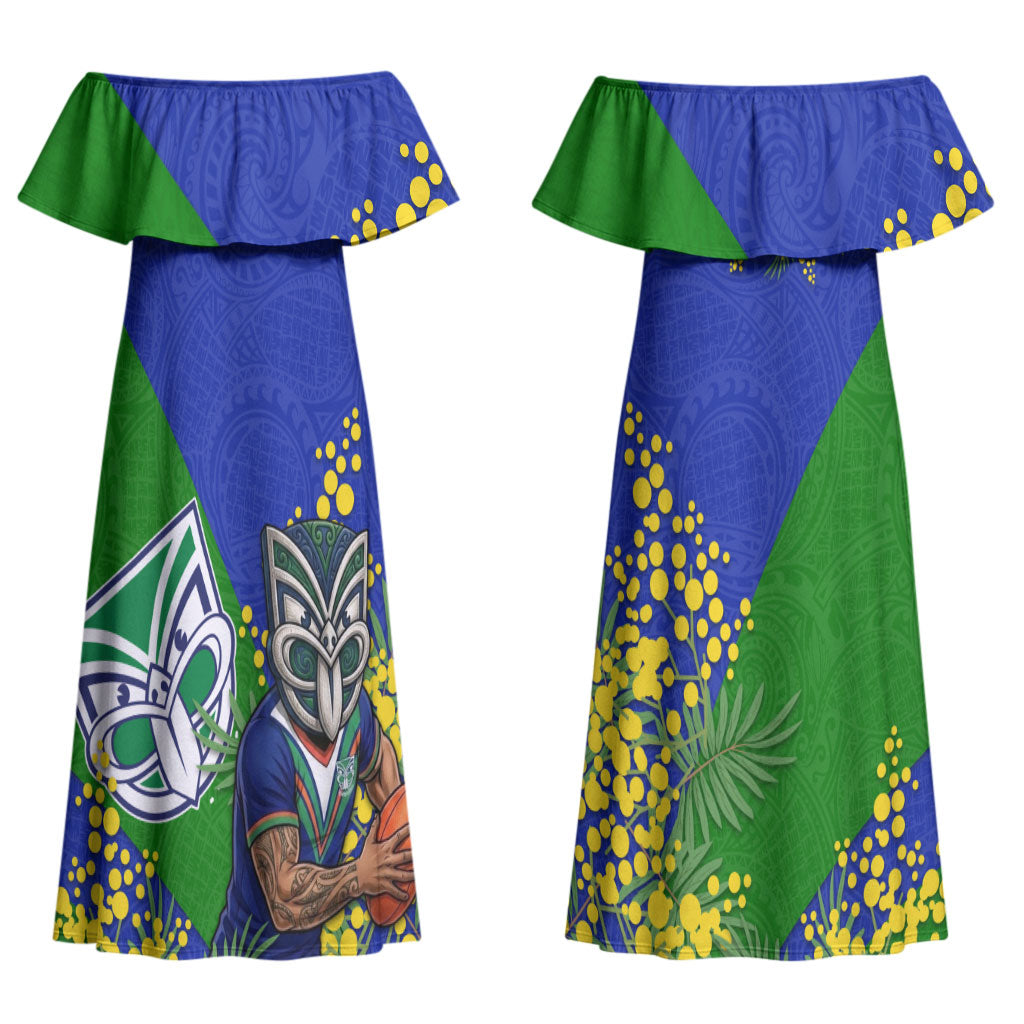New Zealand Warriors Couples Matching Off Shoulder Maxi Dress and Long Sleeve Button Shirt Golden Wattle Floral Polynesian - Australian Flower - Rugby Mascot