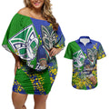 New Zealand Warriors Couples Matching Off Shoulder Short Dress and Hawaiian Shirt Golden Wattle Floral Polynesian - Australian Flower - Rugby Mascot