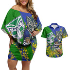New Zealand Warriors Couples Matching Off Shoulder Short Dress and Hawaiian Shirt Golden Wattle Floral Polynesian - Australian Flower - Rugby Mascot