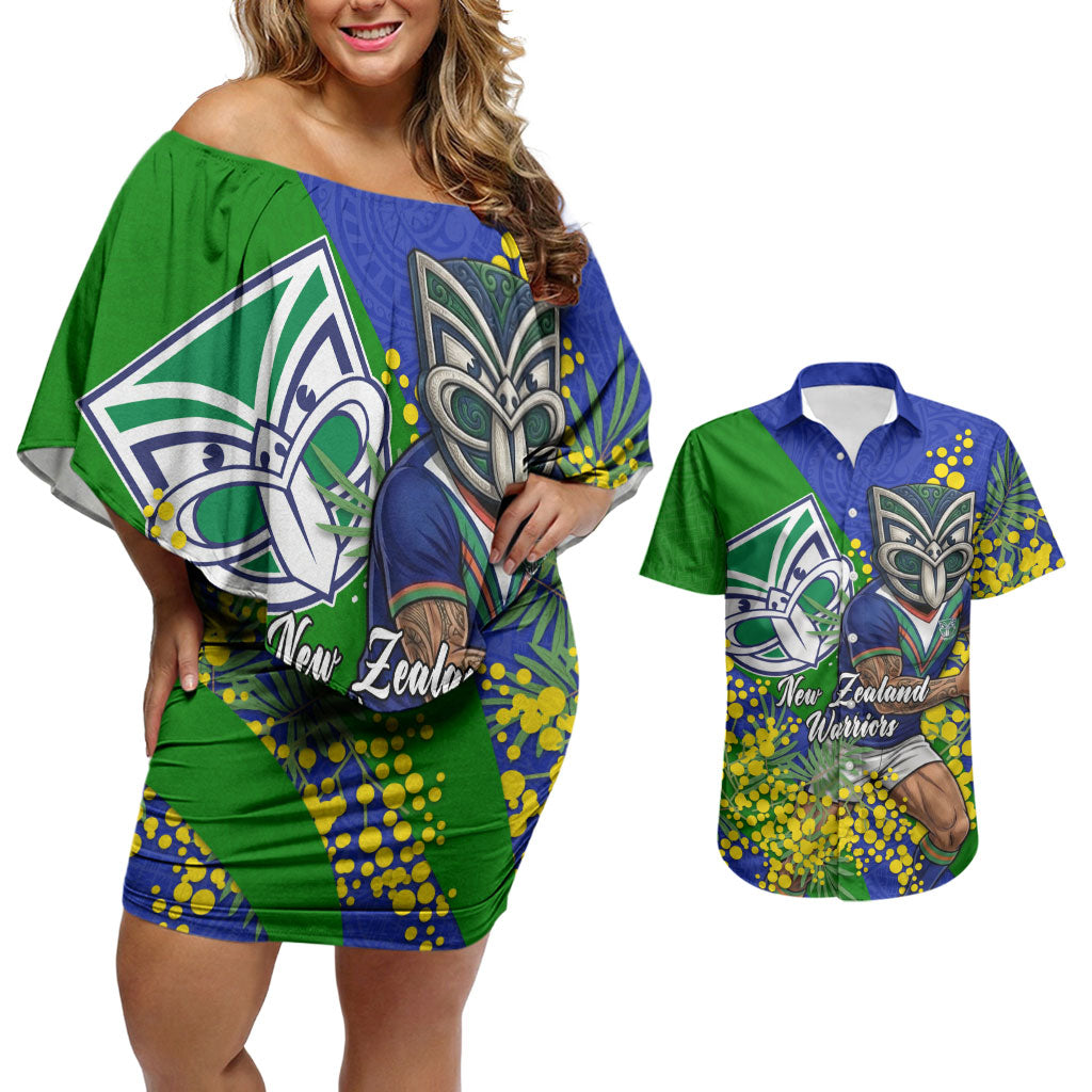 New Zealand Warriors Couples Matching Off Shoulder Short Dress and Hawaiian Shirt Golden Wattle Floral Polynesian - Australian Flower - Rugby Mascot