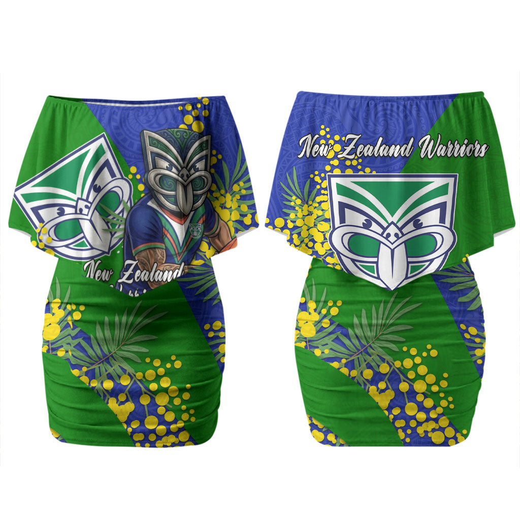New Zealand Warriors Couples Matching Off Shoulder Short Dress and Hawaiian Shirt Golden Wattle Floral Polynesian - Australian Flower - Rugby Mascot