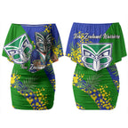 New Zealand Warriors Couples Matching Off Shoulder Short Dress and Hawaiian Shirt Golden Wattle Floral Polynesian - Australian Flower - Rugby Mascot