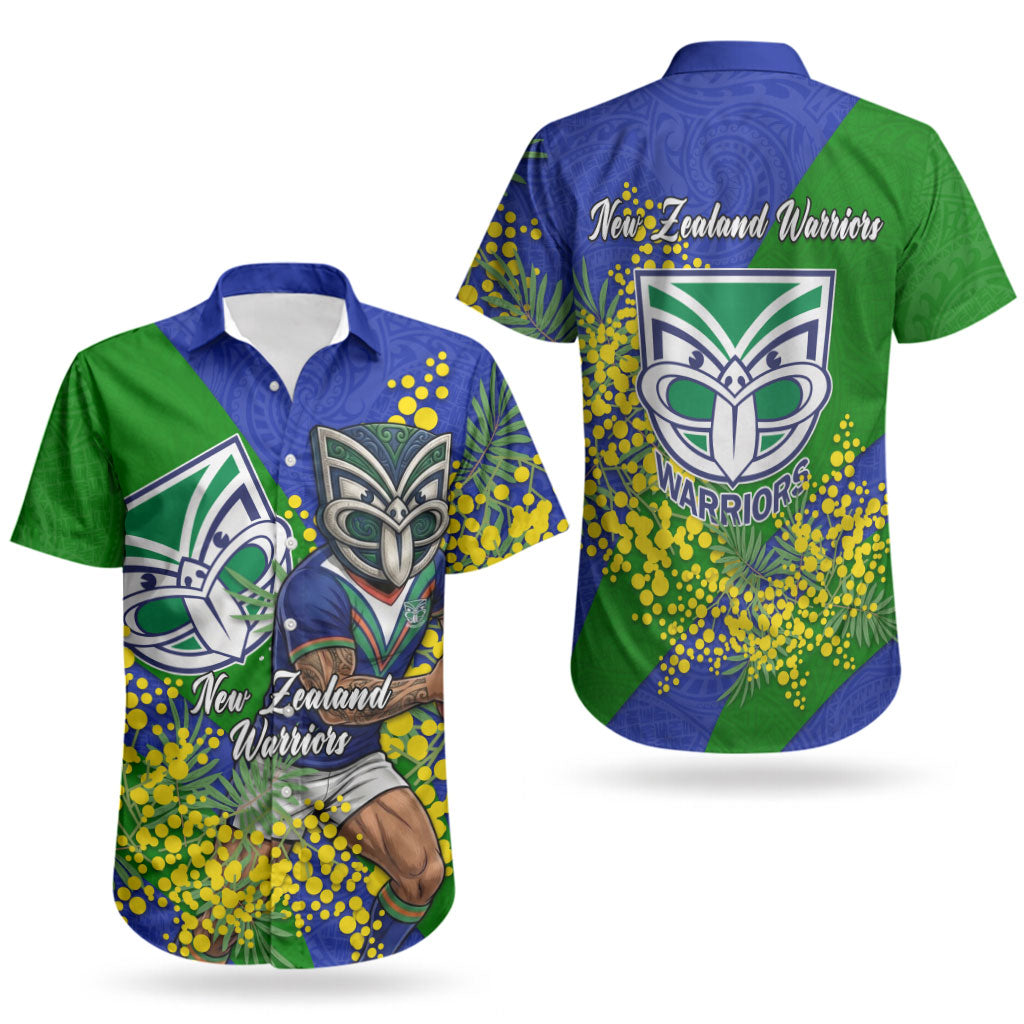 New Zealand Warriors Couples Matching Off Shoulder Short Dress and Hawaiian Shirt Golden Wattle Floral Polynesian - Australian Flower - Rugby Mascot