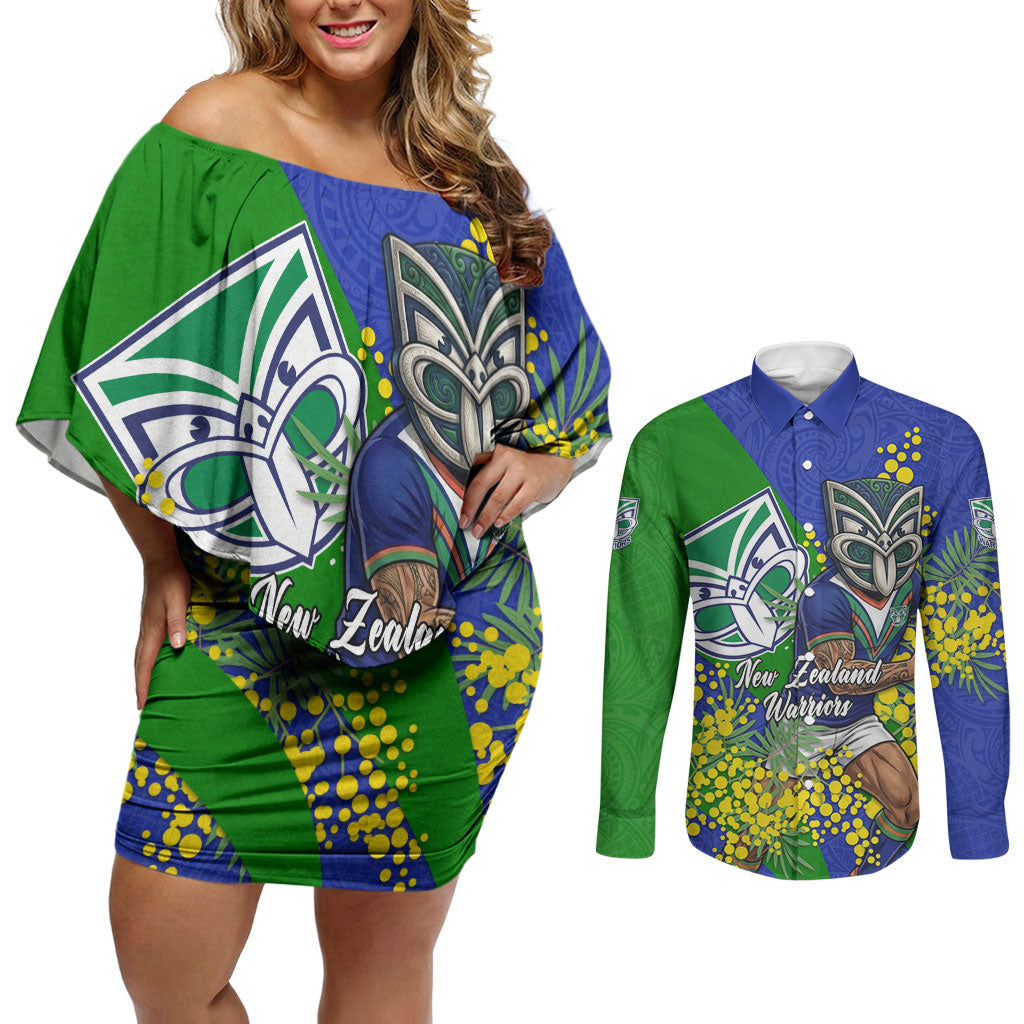 New Zealand Warriors Couples Matching Off Shoulder Short Dress and Long Sleeve Button Shirt Golden Wattle Floral Polynesian - Australian Flower - Rugby Mascot