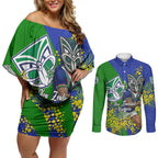New Zealand Warriors Couples Matching Off Shoulder Short Dress and Long Sleeve Button Shirt Golden Wattle Floral Polynesian - Australian Flower - Rugby Mascot
