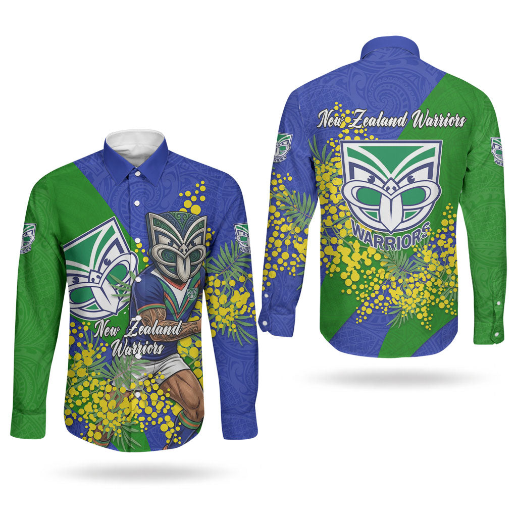 New Zealand Warriors Couples Matching Off Shoulder Short Dress and Long Sleeve Button Shirt Golden Wattle Floral Polynesian - Australian Flower - Rugby Mascot