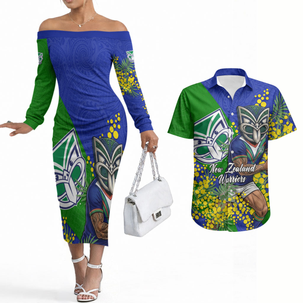 New Zealand Warriors Couples Matching Off The Shoulder Long Sleeve Dress and Hawaiian Shirt Golden Wattle Floral Polynesian - Australian Flower - Rugby Mascot