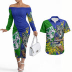 New Zealand Warriors Couples Matching Off The Shoulder Long Sleeve Dress and Hawaiian Shirt Golden Wattle Floral Polynesian - Australian Flower - Rugby Mascot