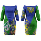 New Zealand Warriors Couples Matching Off The Shoulder Long Sleeve Dress and Hawaiian Shirt Golden Wattle Floral Polynesian - Australian Flower - Rugby Mascot