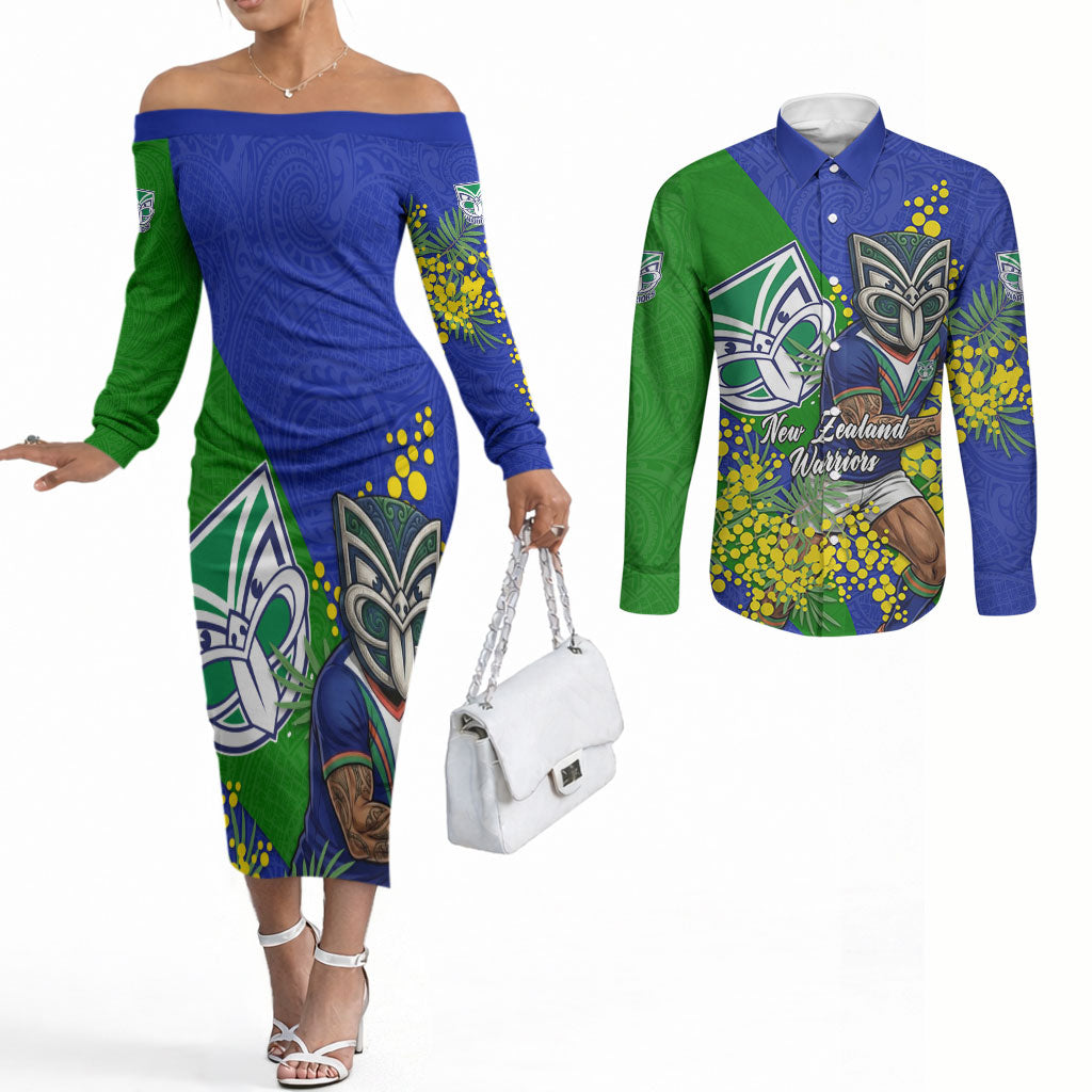 New Zealand Warriors Couples Matching Off The Shoulder Long Sleeve Dress and Long Sleeve Button Shirt Golden Wattle Floral Polynesian - Australian Flower - Rugby Mascot