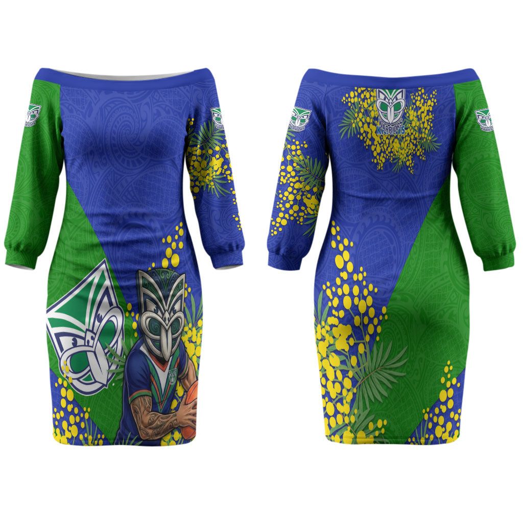 New Zealand Warriors Couples Matching Off The Shoulder Long Sleeve Dress and Long Sleeve Button Shirt Golden Wattle Floral Polynesian - Australian Flower - Rugby Mascot