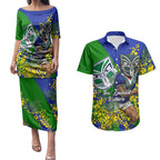 New Zealand Warriors Couples Matching Puletasi and Hawaiian Shirt Golden Wattle Floral Polynesian - Australian Flower - Rugby Mascot