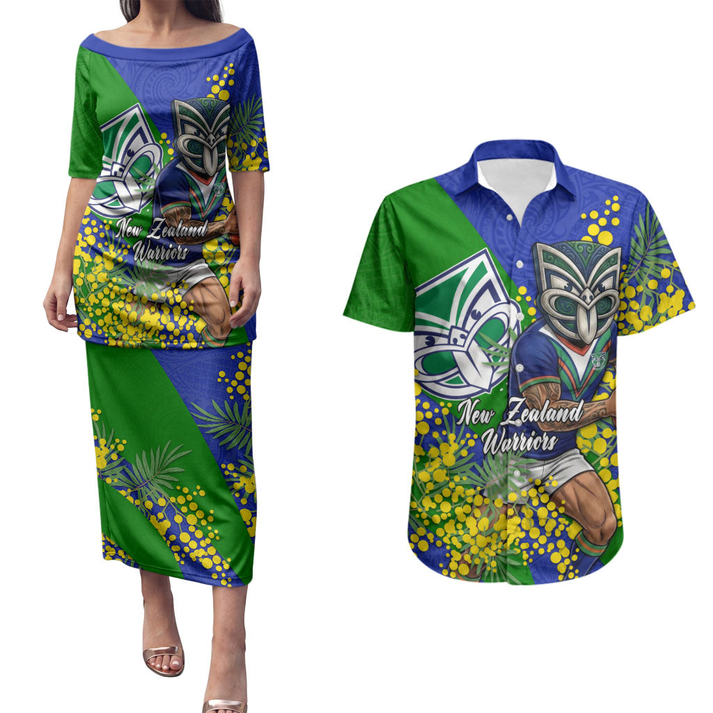 New Zealand Warriors Couples Matching Puletasi and Hawaiian Shirt Golden Wattle Floral Polynesian - Australian Flower - Rugby Mascot