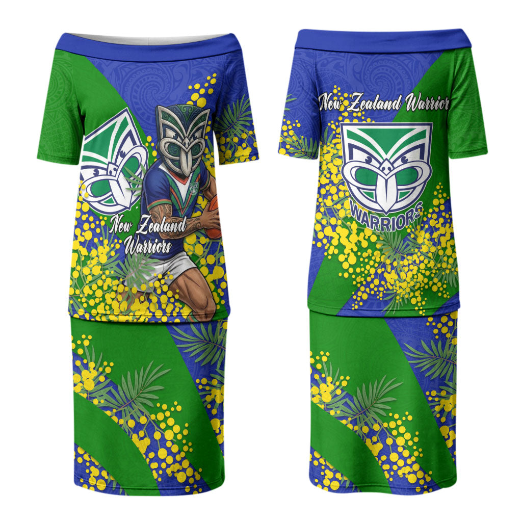 New Zealand Warriors Couples Matching Puletasi and Hawaiian Shirt Golden Wattle Floral Polynesian - Australian Flower - Rugby Mascot